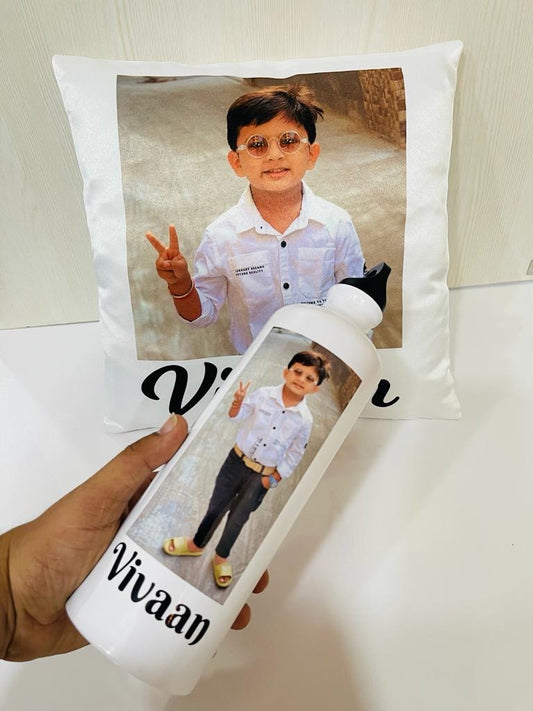 White Bottle - personalised with name / brand / logo and cushion combo set