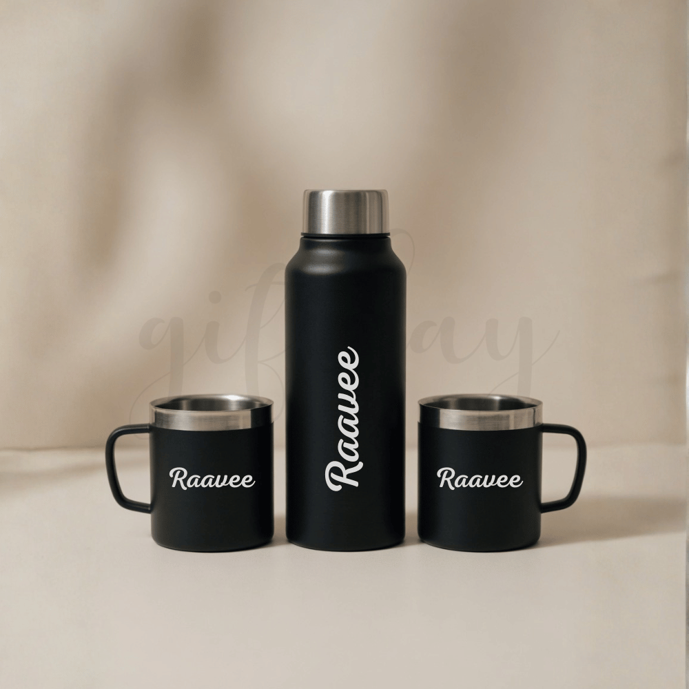 Black Gift Set – Personalised Bottle & Cup Set with Premium Box | Giftlay