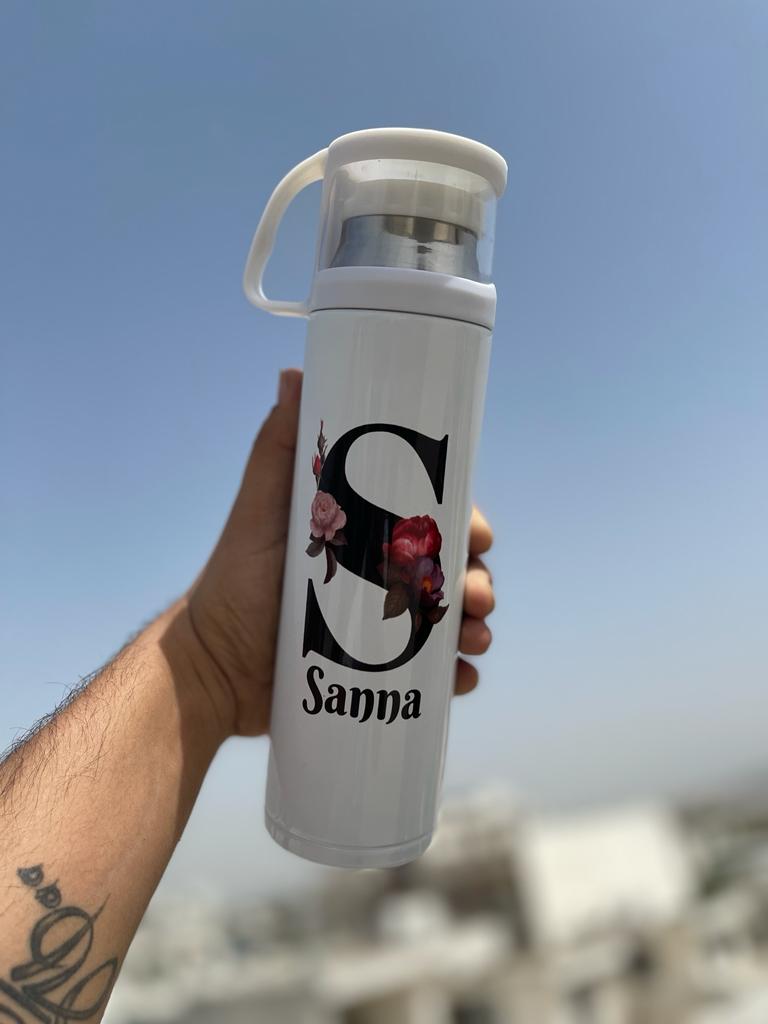 White Bottle with mug top - personalised with name / brand / logo