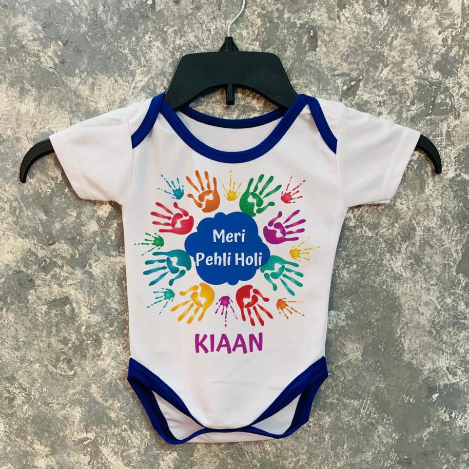 Meri Pehli Holi Hands Splash Baby Romper with Name