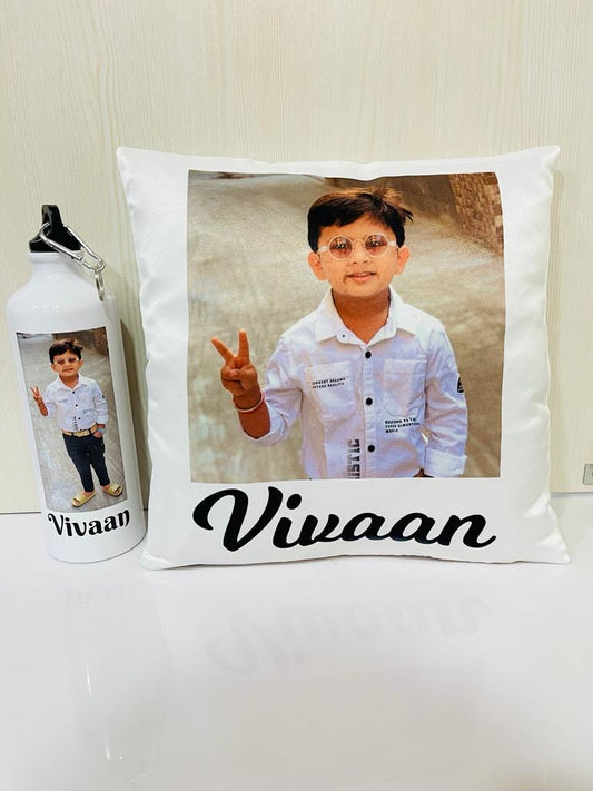 White Bottle - personalised with name / brand / logo and cushion combo set