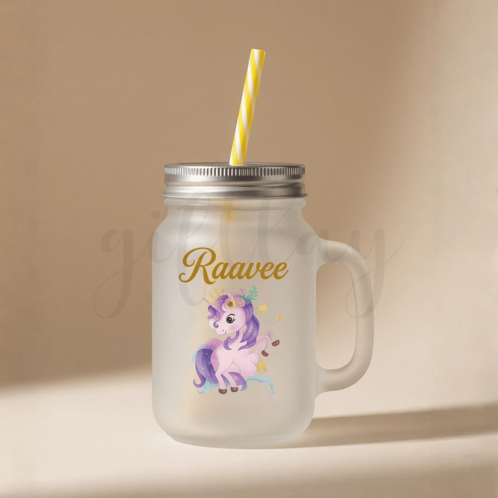 Personalised Frosted Glass Mason Jar with Straw – 500 ml Customised Drink Jar | Giftlay