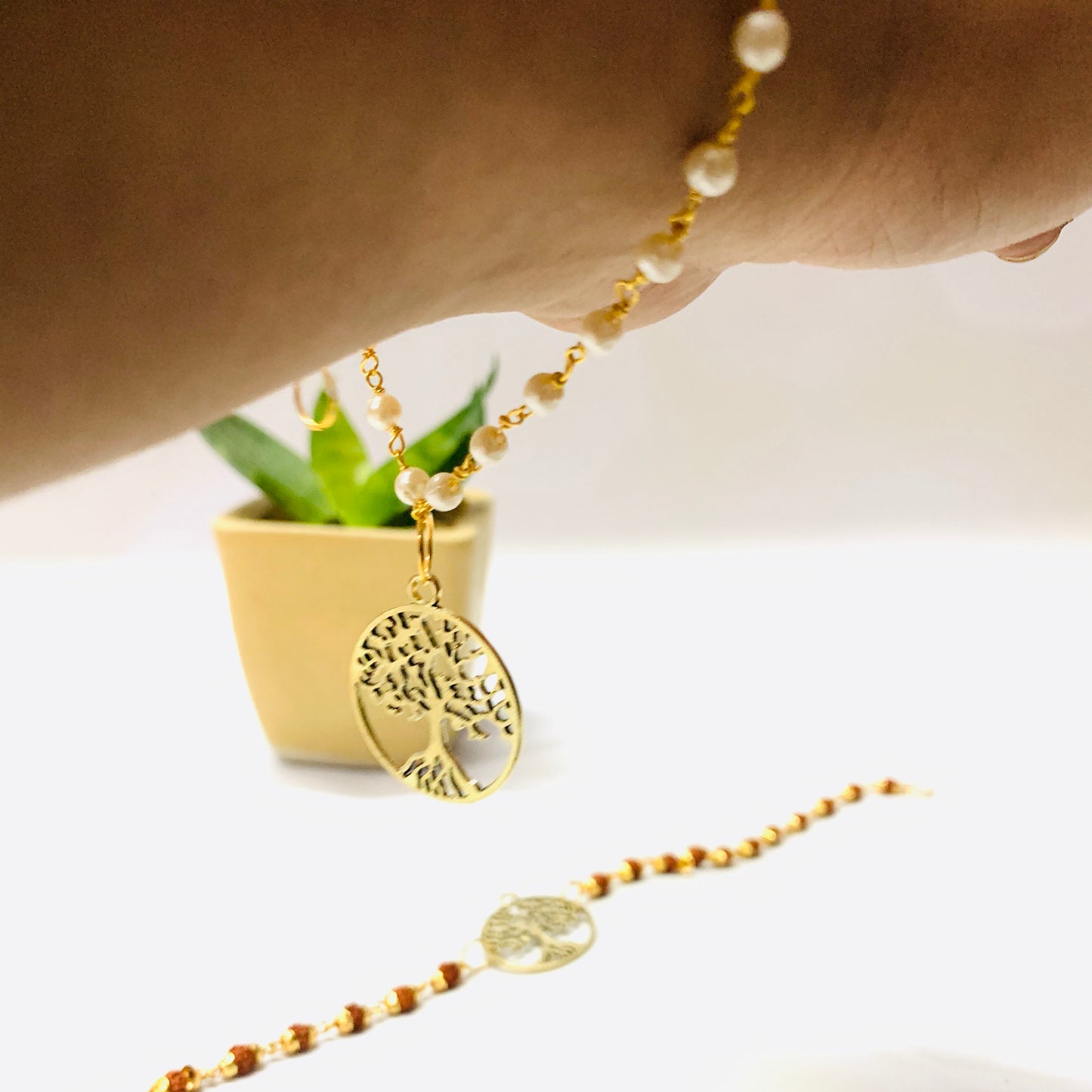 Tree Of Life Rakhi Bracelet in Rudraksh & Pearl Chain / Bhaiya Bhabhi Rakhi