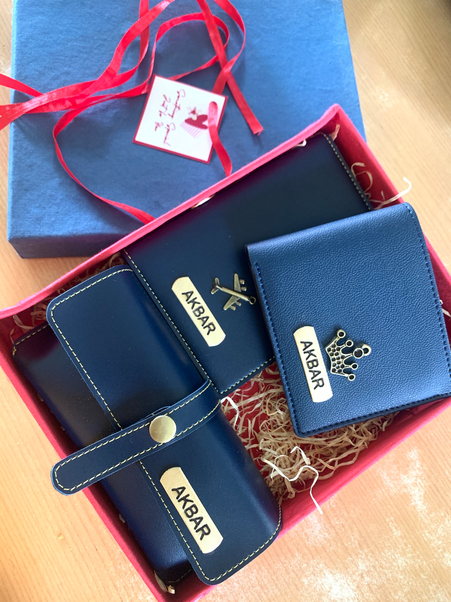 Wallet + Passport Cover + Sunglasses cover - Personalised Gift Set Men (in blue)