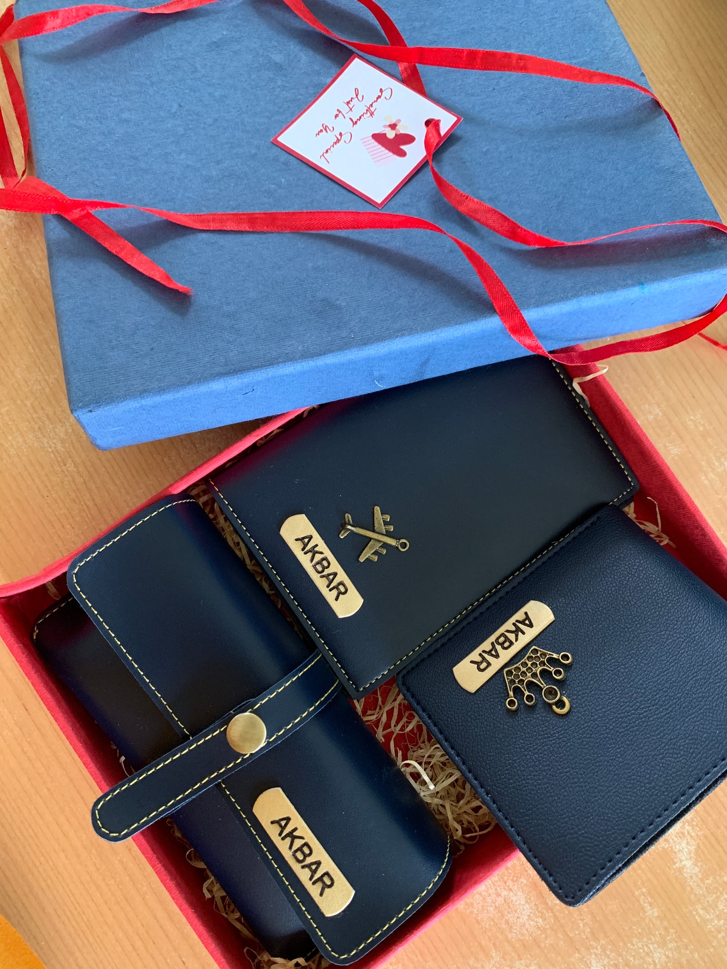 Wallet + Passport Cover + Sunglasses cover - Personalised Gift Set Men (in blue)
