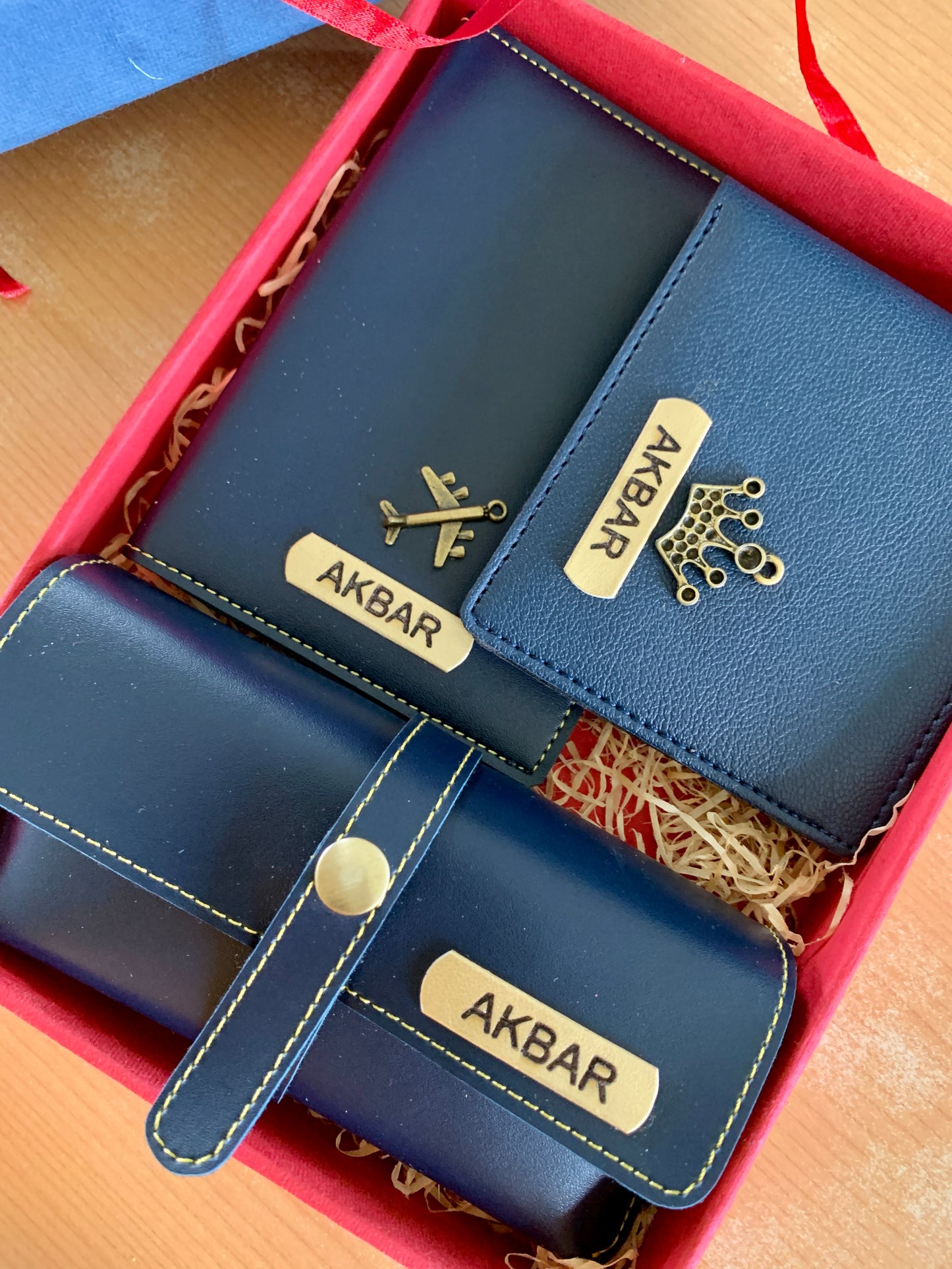 Wallet + Passport Cover + Sunglasses cover - Personalised Gift Set Men (in blue)