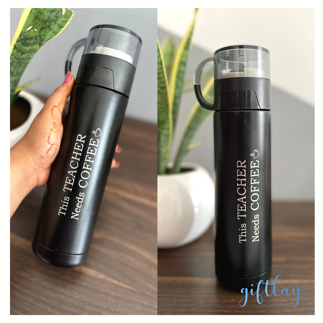 Black thermostat flask/bottle with mug as lid - This teacher needs coffee