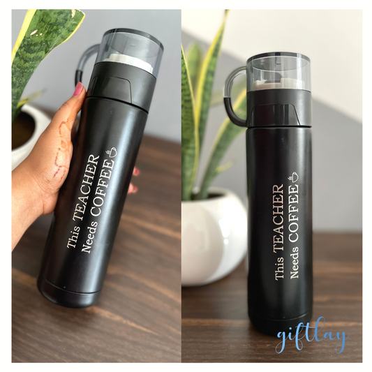Black thermostat flask/bottle with mug as lid - This teacher needs coffee
