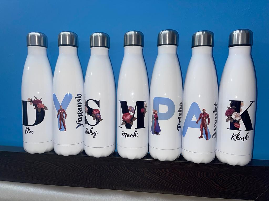 White steel bottle - personalised with name / brand / logo